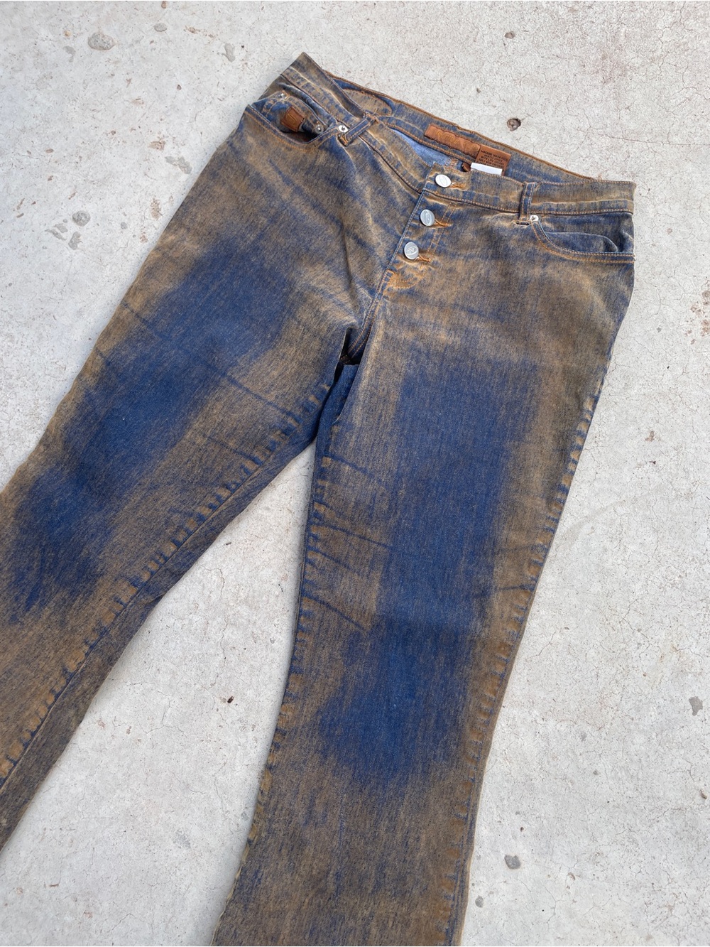Bongo RARE Vintage Y2K Mud Wash Flocked Western Low Rise Flare Jeans - Picture 2 of 5